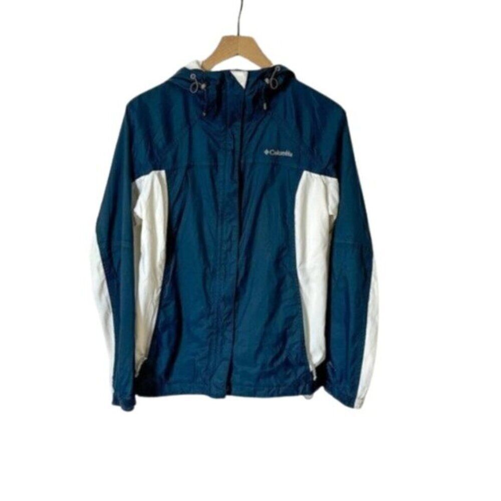 Columbia Lightweight Blue and White Zip Front Rain Hiking Jacket Medium